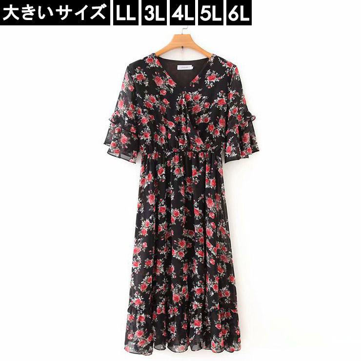 大きいサイズ レディース 花柄ワンピース フレアワンピ 薔薇柄 シフォン Ll 3l 4l 5l 6l ブラック 新入荷 ネコポス可 大きいサイズの服レディース Queen 通販 Yahoo ショッピング