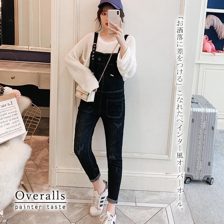 店舗 3L”絞り染め風 サロペットパンツ 大きいサイズ レディース 黒系