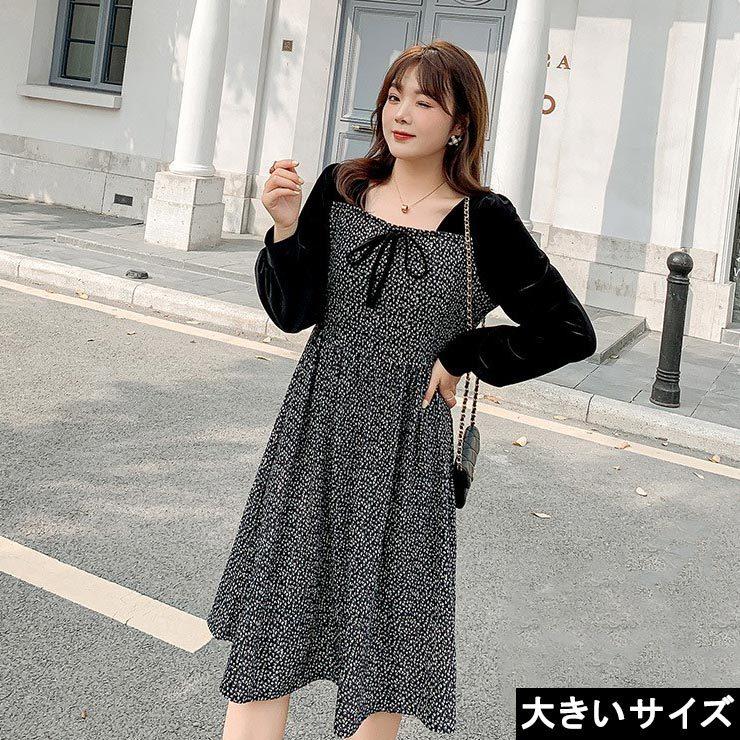 大きいサイズ レディース 小花柄ワンピース ベロア切替 胸元リボン パフスリーブ Ll 3l 4l 5l ブラック 新入荷 ネコポス不可 S6053 大きいサイズの服レディース Queen 通販 Yahoo ショッピング