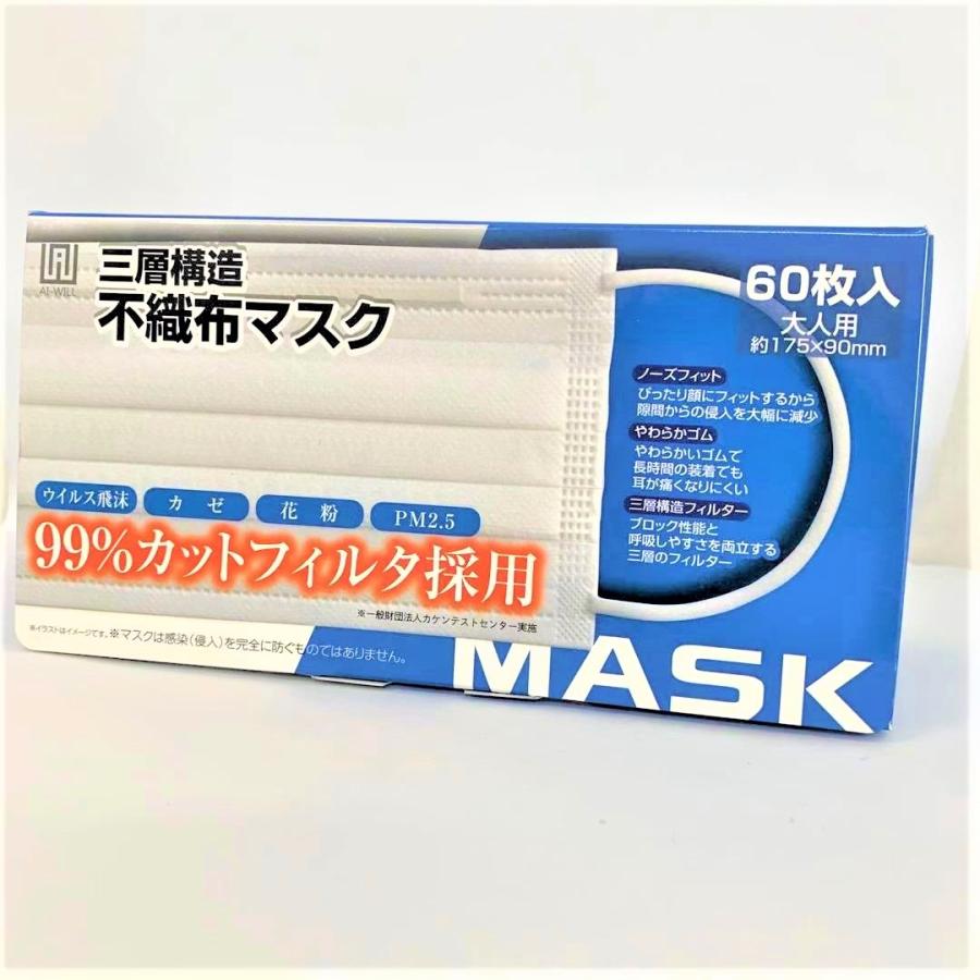 マスク工業会会員メーカー AI WILL製 不織布マスク 120枚 60枚x2箱 99