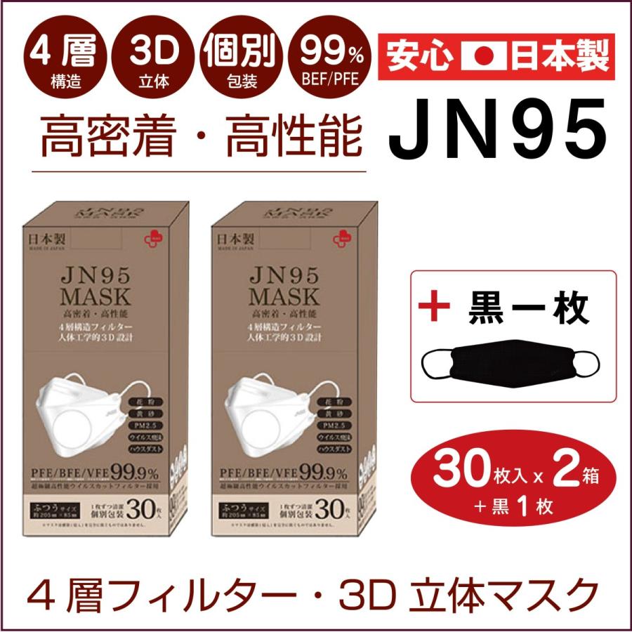Jn95 日本製マスク 不織布 30枚入 2箱 白 個包装 人気 使い捨て 4層 3d 高密着 立体構造 ダイヤモンド状 柳葉型 六角形状 国産 黒1枚無料 送料無料 Jn2set Morショップ 通販 Yahoo ショッピング