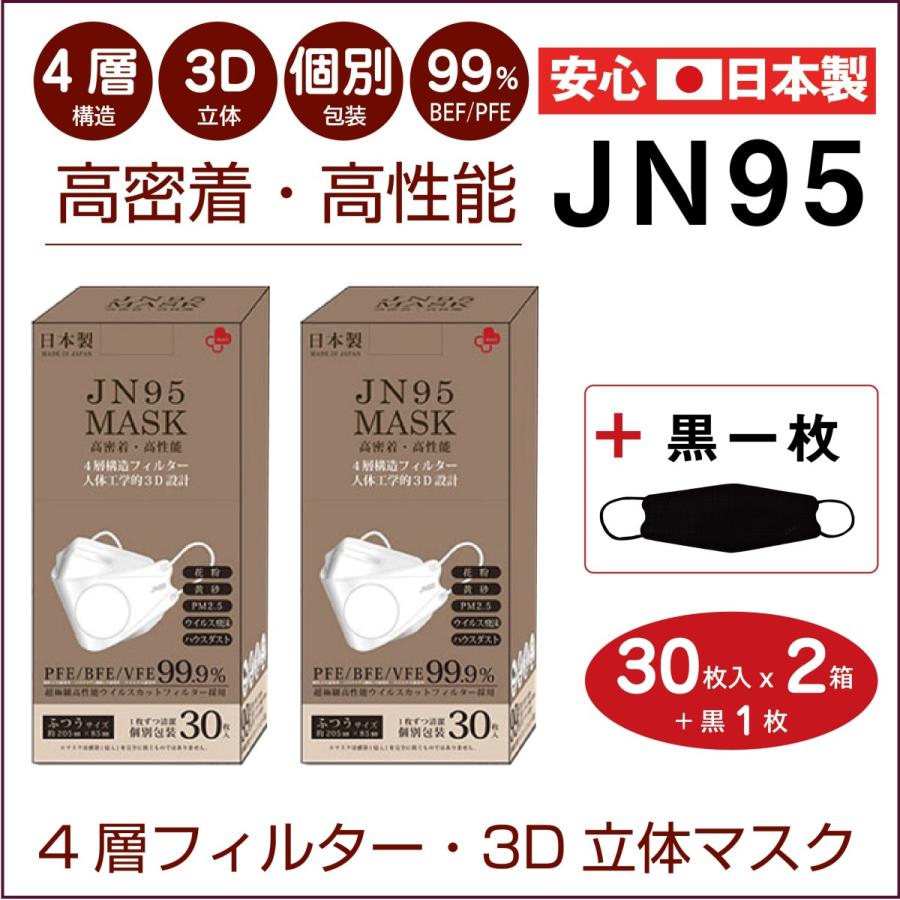 JN95 日本製マスク 不織布 30枚入 2箱 白 個包装 人気 使い捨て 4層 3D 高密着 立体構造 ダイヤモンド状 柳葉型 六角形状 国産 黒1枚無料  送料無料 :jn2set:MORショップ - 通販 - Yahoo!ショッピング