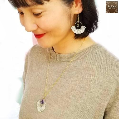ハンドメイド ネックレスとイヤリングのセットオレンジと黄色の編み紐 アクセサリー ハンドメイド ネックレスとイヤリングのセットオレンジと