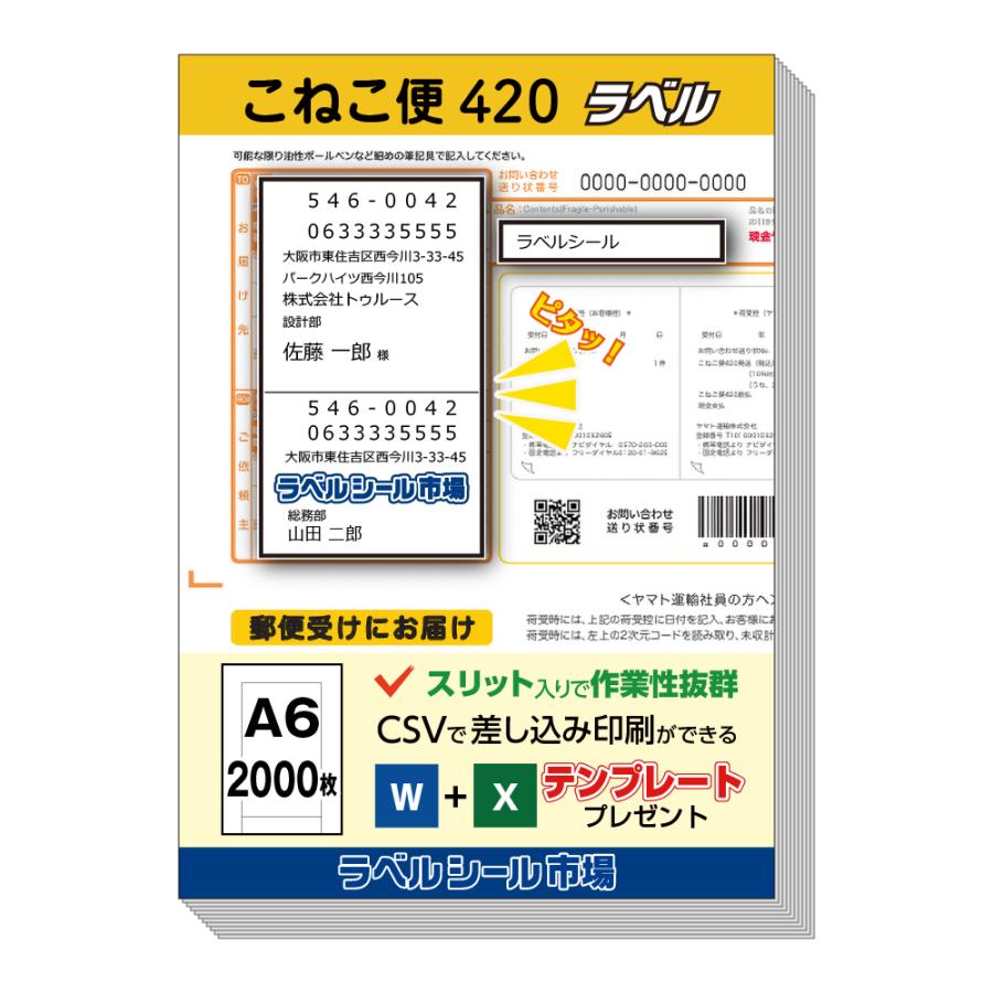 こねこ便420宛名ラベルシール 2000枚 テンプレート付 日本製 送料無料