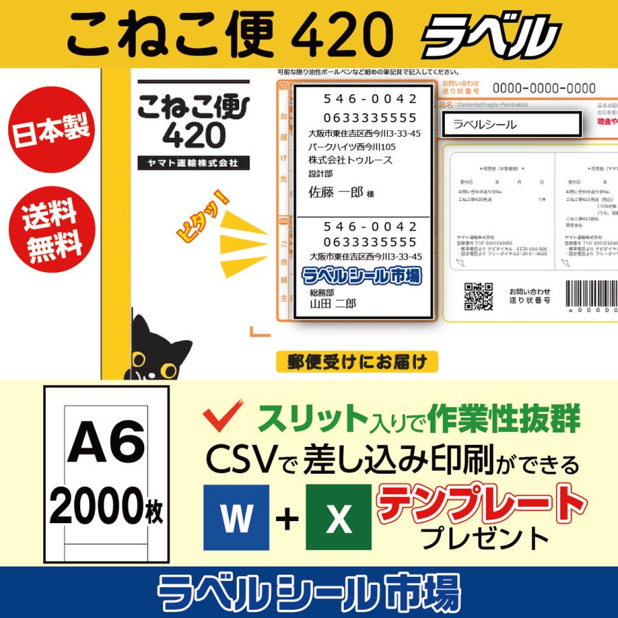 こねこ便420宛名ラベルシール 2000枚 テンプレート付 日本製 送料無料