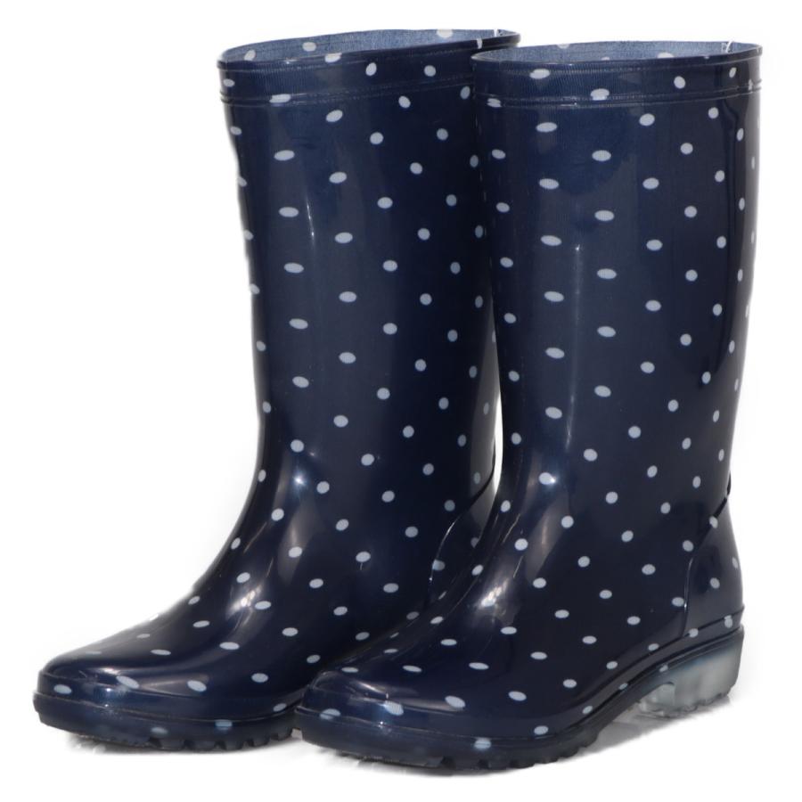モンフレール レディース 女性用 長靴 かわいい ロング 丈 レインブーツ ガーデニング 園芸など LB8120 ドットネイビー | 
