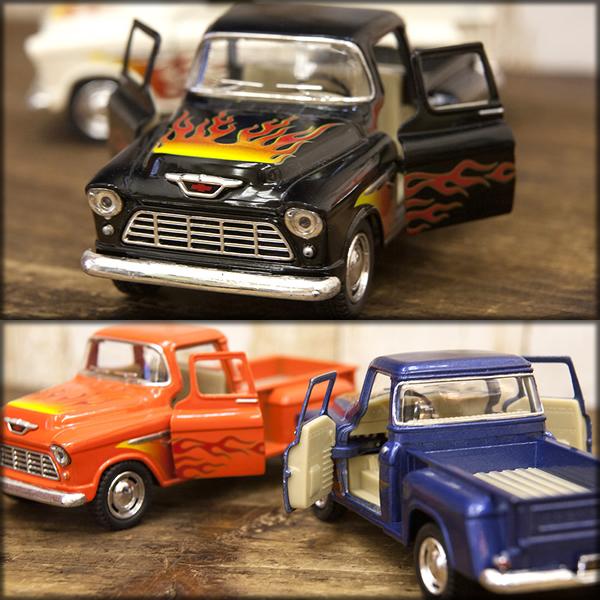 GM公式ライセンス品 ミニカー ダイキャスト プルバック式 1955 シボレー(シェビー) ステップサイド ピックアップ w/printing 1/32(M) |  | 01