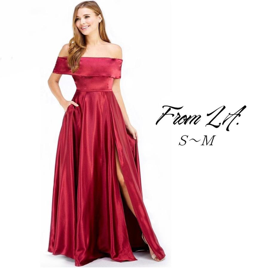 送料無料 S M La直輸入 たっぷりのサテン地が高級感を演出するオフショルダー スリット入り ロングドレス イブニングドレス Cnl ドレス通販ラクーナyahoo 店 通販 Yahoo ショッピング