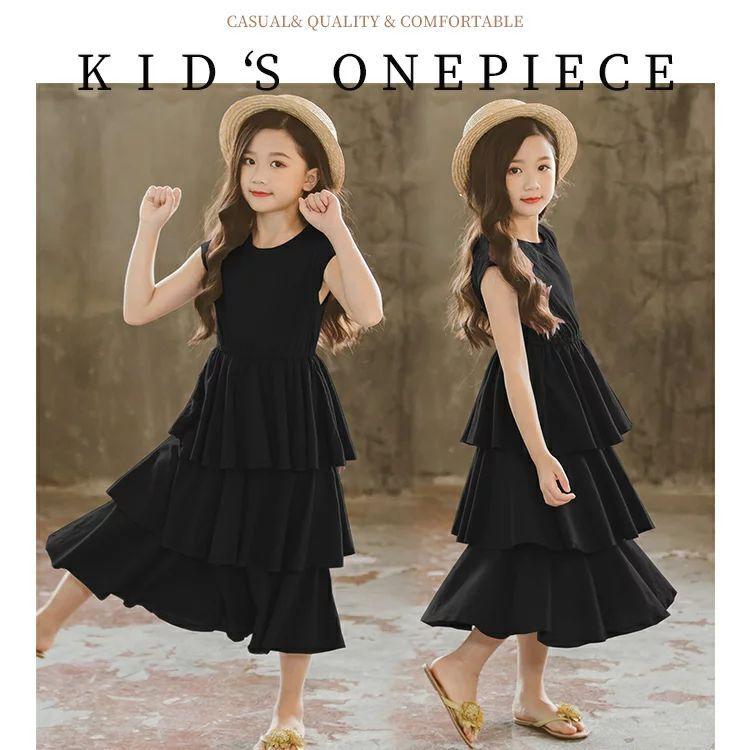 ワンピース 韓国子供服 子供服 ノースリーブ ひざ丈 膝丈 ブラック 黒い 子供 キッズ 女の子 無地 韓国ファッション かわいい シンプル カジュアル プリンセス 17新作モデル