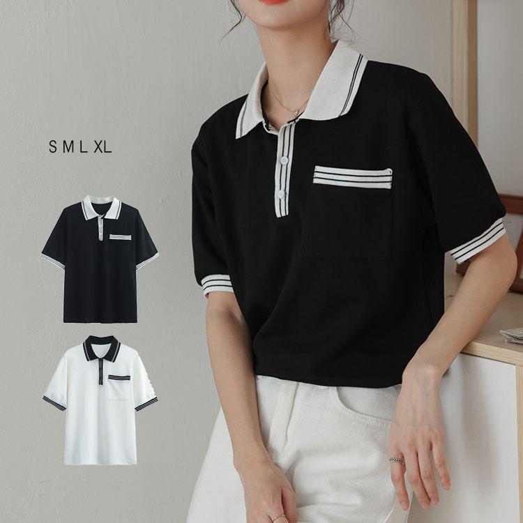 ポロシャツ レディース トップス かわいい 半袖 春夏 カジュアル おしゃれ 配色 バイカラー ゆったり ホワイト ブラック 白 黒 ホワイト ブラック S M L Jx0812a103 Ladymanz 通販 Yahoo ショッピング