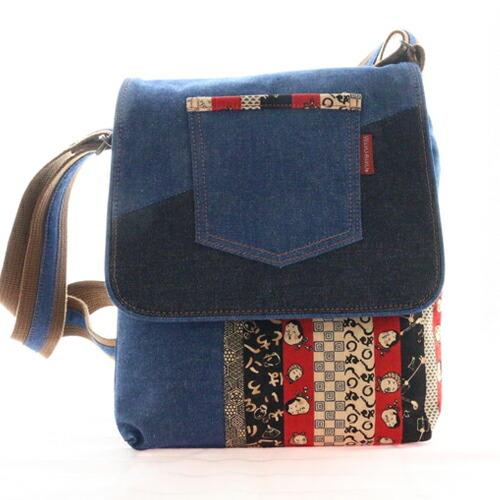 和遊 展示会商品 アシメントリー バッグ 紺 赤 市松 綿100% デニム 日本製 備後産デニム バッグ 時代小紋 造り酒屋 国産 福 和柄 酒蔵染 耐久性 手提げバッ…