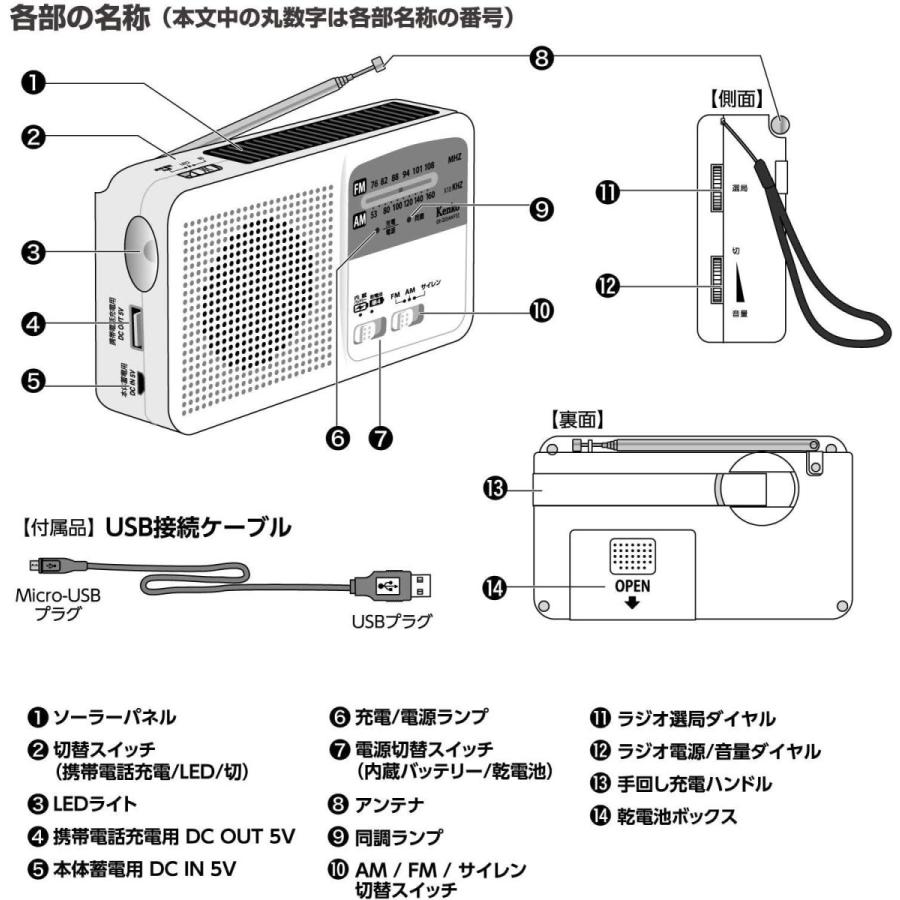Kenko ラジオ 多機能防災ラジオ KR-005AWESE FM/AM/ワイドFM対応 乾電池対応 サイレン付 USB充電機能 80×14｜lafee-store｜04