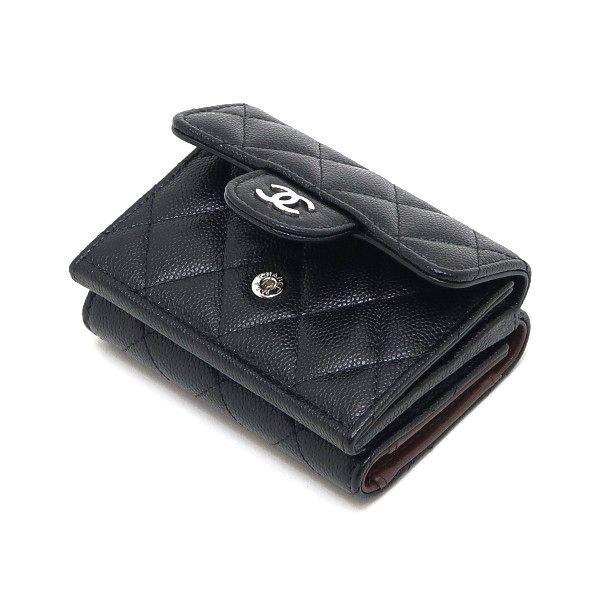 美品】シャネル三つ折り財布キャビアスキンブラックシリアルシールあり