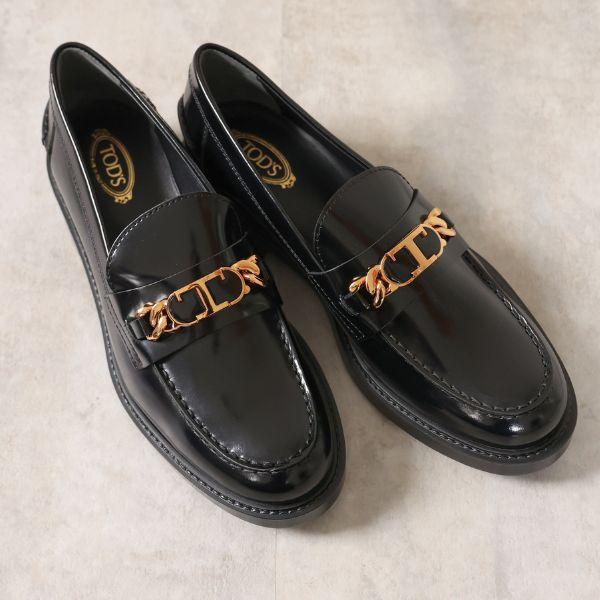 TOD’S トッズ レザーローファー 37 黒 ゴールドチェーン 正規品 TOD'S（トッズ） TODS T Chain Leather Loafers レザー ローファー