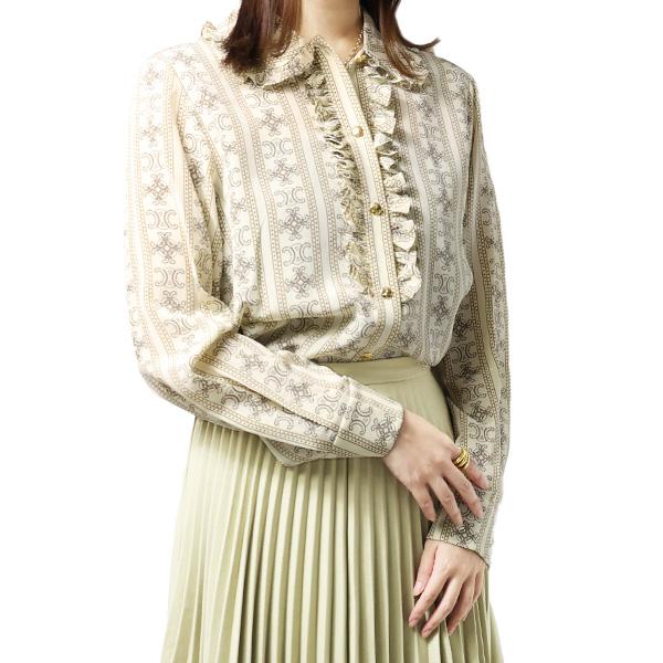 CELINE セリーヌ Triomphe Frill Blouse クレープ ド シーヌ フリルブラウス クラシックフィット シルク 長袖 トリオンフ レディース 2B962929W 97TMの画像