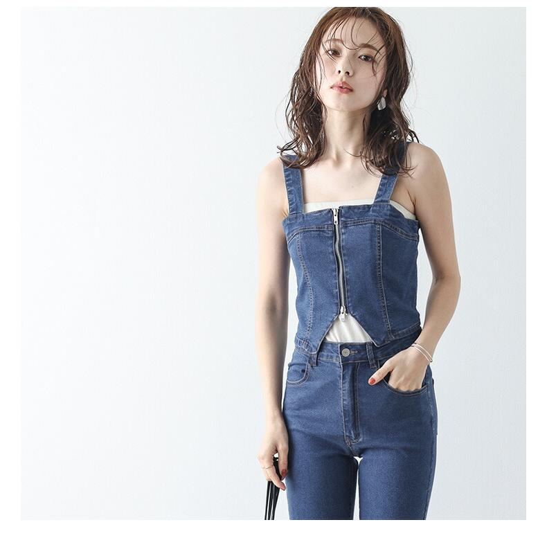 セットアップ デニム ビスチェ フレアパンツ ダブルジップ レイヤード
