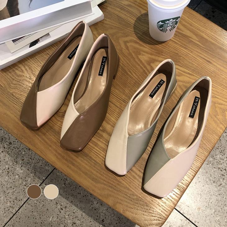 Vカット バイカラー パンプス 痛くない レディース ローヒール スクエアトゥ Hym 2 予約販売 15 日 送料無料 宅込 Hym 2 Lagemme 通販 Yahoo ショッピング