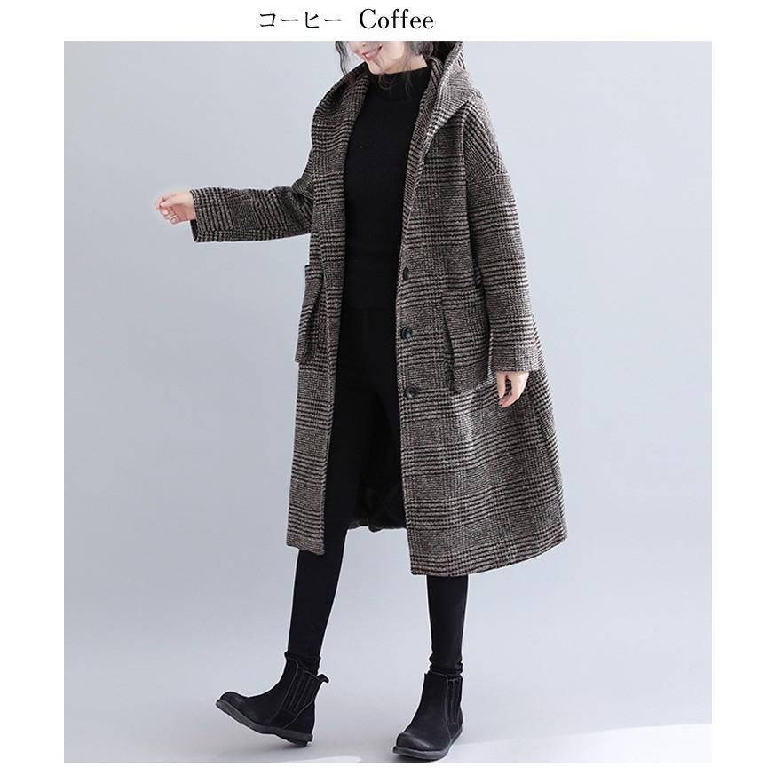 メゾンレネー　チェック　フード　ロングコート グレンチェックコートレディースアウターフーデットフードロング丈