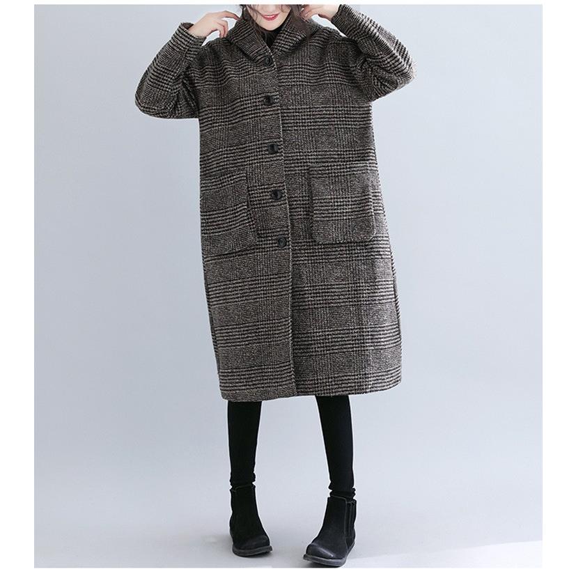 グレンチェックコートレディースアウターフーデットフードロング丈