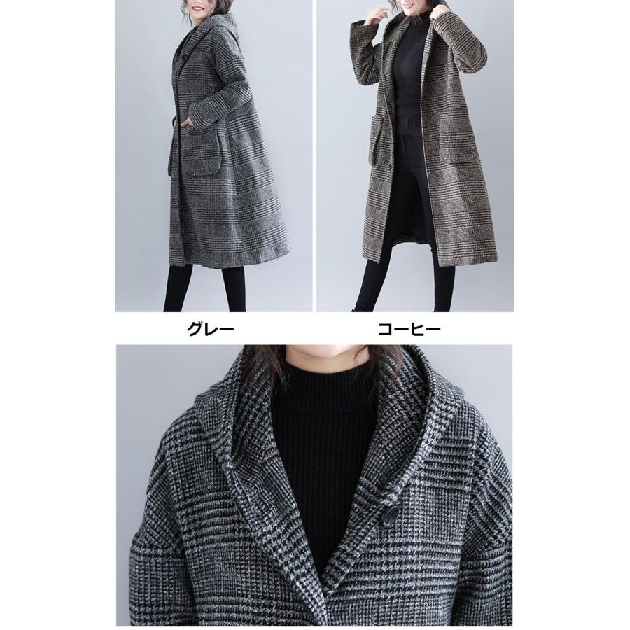グレンチェックコートレディースアウターフーデットフードロング丈
