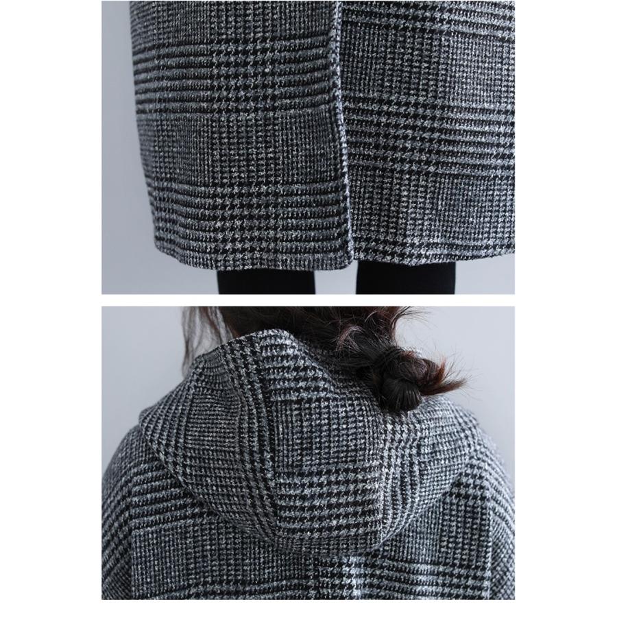 グレンチェックコートレディースアウターフーデットフードロング丈