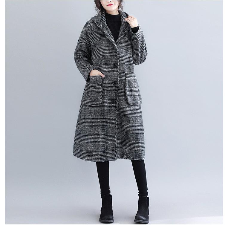 グレンチェックコートレディースアウターフーデットフードロング丈