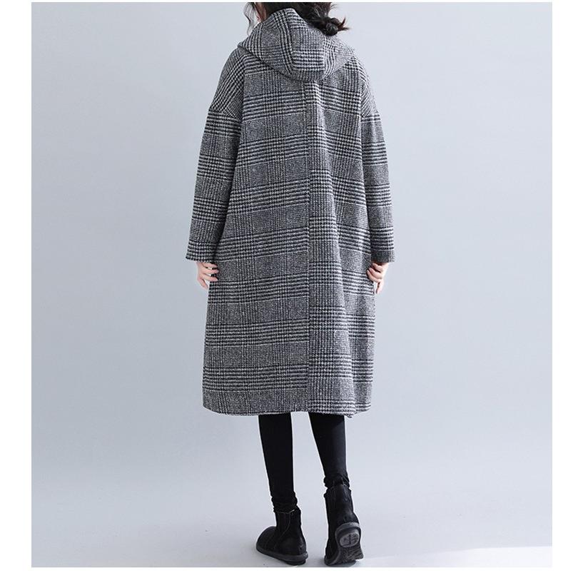 グレンチェックコートレディースアウターフーデットフードロング丈