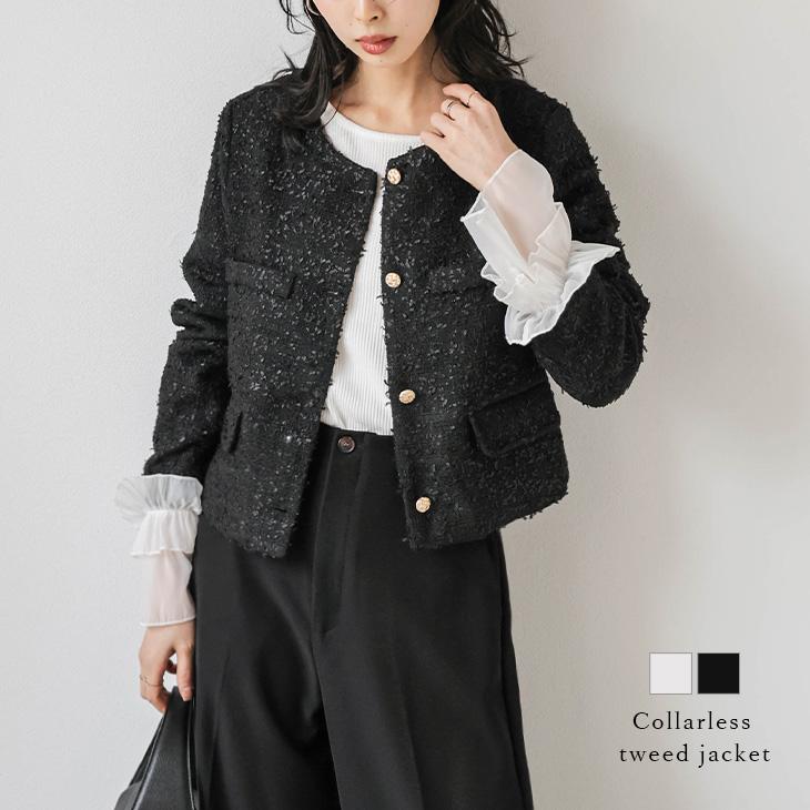 ジャケット ノーカラー ショート丈 ライトアウター ツイード 短丈 2025