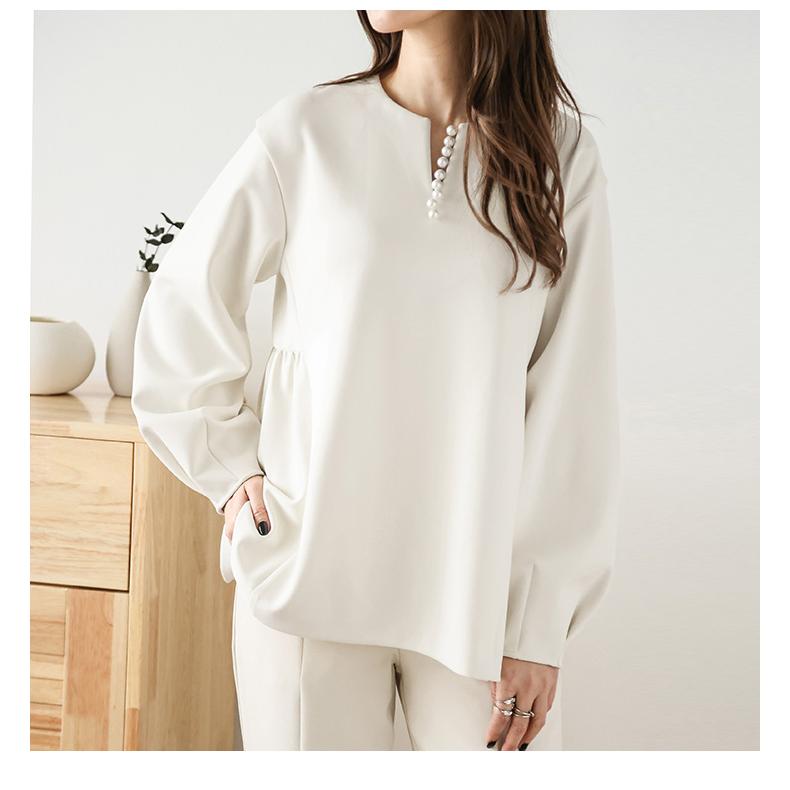 日本製 ブラウス バックペプラムブラウス スリットネック パール