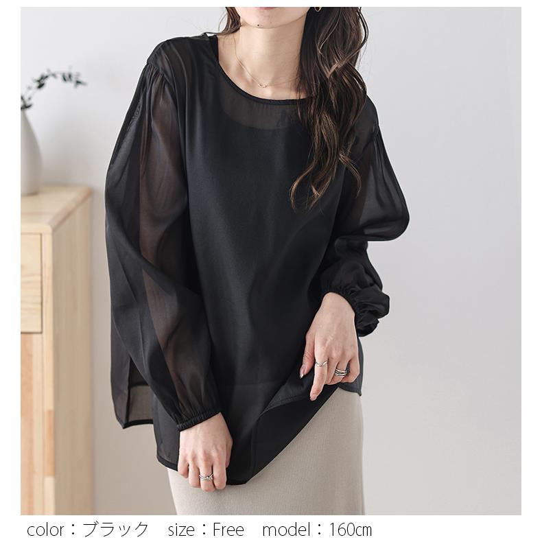 2wayオーガンジーシアートップス シャツ ブラウス 長袖 カジュアル