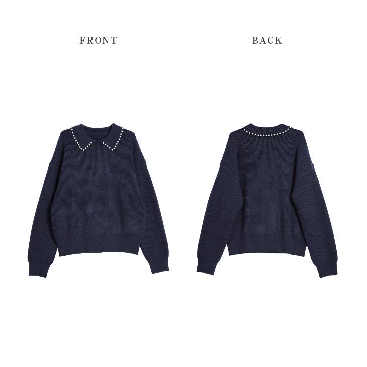 襟ニットトップス パール調 大人可愛い トップス 2025春夏