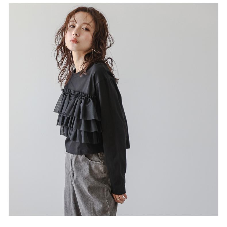 AD2019 20SS ギャザーフレアチュールTシャツ トップス 黒 ギャザーチュールドッキングTシャツ - トップス通販 | 人気レディース