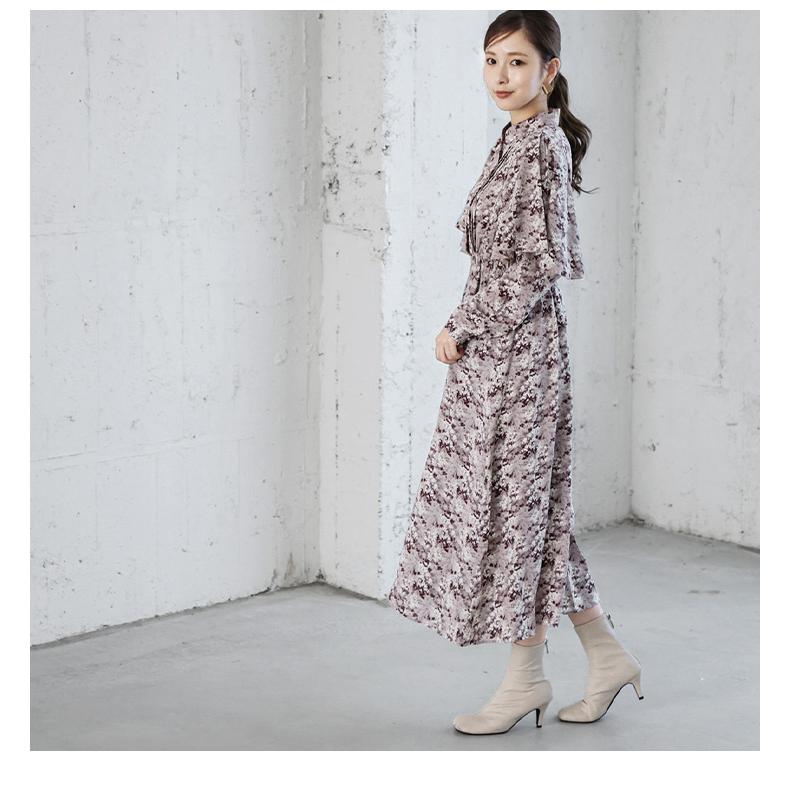 フラワーラッフルフリル ワンピース 花柄 半袖 フリル ウエストマーク