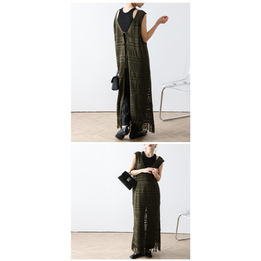 ジレ ロングジレ ワンピース風 2WAY かぎ編み リボン フリンジ ジレ ロングジレ ワンピース風 2WAY かぎ編み リボン フリンジ