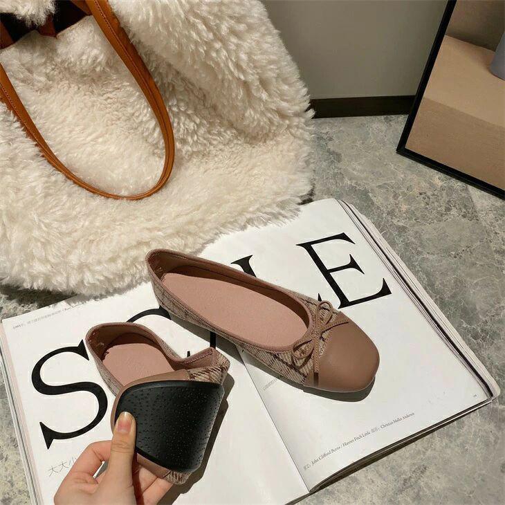 ルブタン茶色生地ストライプ リボンバレエシューズ 39 ルブタン茶色生地ストライプ リボンバレエシューズ 39 ルブタン