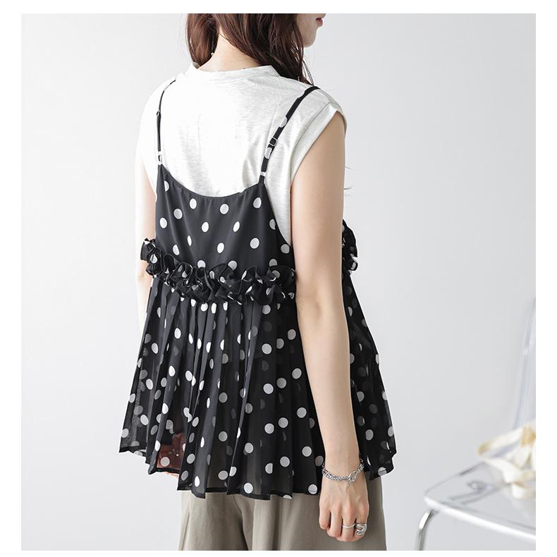 ドット柄 シアー プリーツ キャミソール フリル レイヤード Vネック