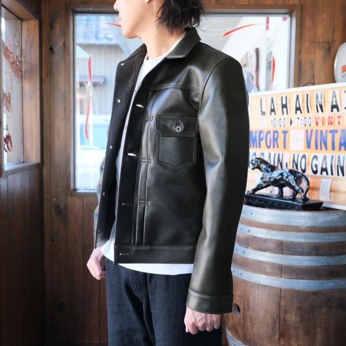 Y'2 LEATHER ワイツーレザー【EB-140】【ECO HORSE 1st Type Gジャン】≪エコホース OLIVE≫≪裏地 COTTON LINEN≫ 日本製の画像