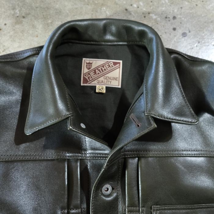 Y'2 LEATHER ワイツーレザー【EB-140】【ECO HORSE 1st Type Gジャン】≪エコホース OLIVE≫≪裏地 COTTON LINEN≫ 日本製の画像