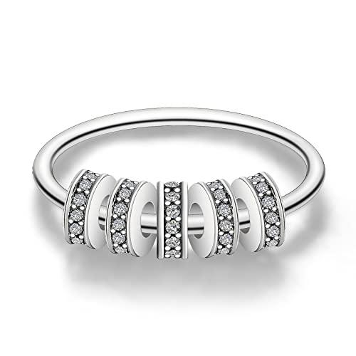 Anello Anti-stress In Argento 925 Con Sfere Girevoli Glitterate, Aiuto Per Ansia E Relax, Per Donna, Varie Misure (48-60) - 3
