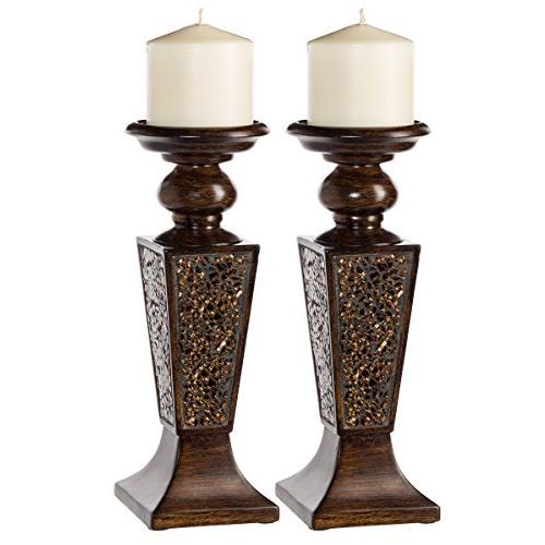 が大特価！ Creative Scents Schonwerk Pillar Candle Holder Set of 2- Crackled Mosaic Design- Functional Table Decorations- Centerpieces for Dining/ Livi キャンドルホルダー