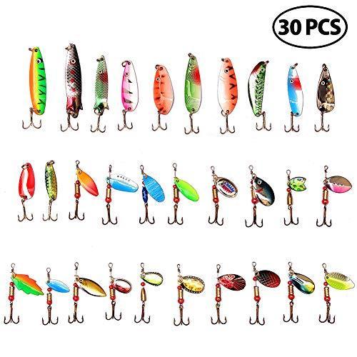 30PCS Metal Fishing Lures with Treble Hooks by LotFancy - Assorted Inline Spinner Baits & Spoons for Bass Salmon Trout Freshwater【並行 ソフトルアーアクセサリー