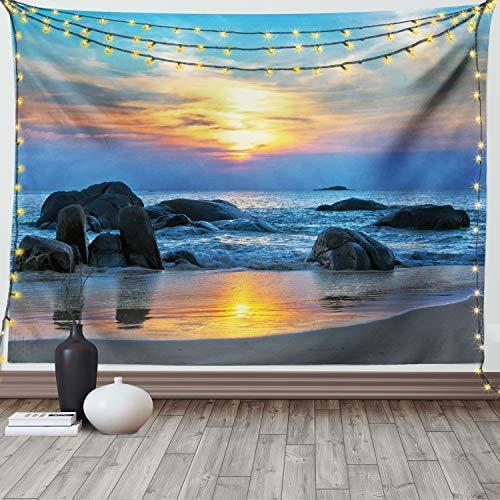 高品質 and Rocks with Beach Sandy in Scenery Sunset Tapestry, Beach Ambesonne Waves Bedroom for Hanging Wall Wide Earth, Dream Morning Peace Lonely ピクチャーレール