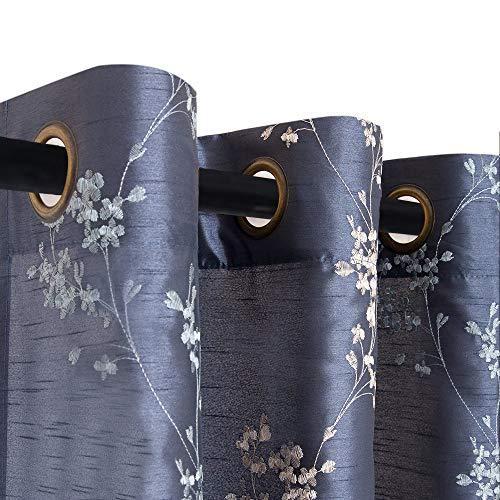 jinchan Faux Silk Floral Embroidered Grommet Top Curtains for Living Room Embroidery Curtain 84 inch Length for Bedroom, 2 Pieces, Slate Blu