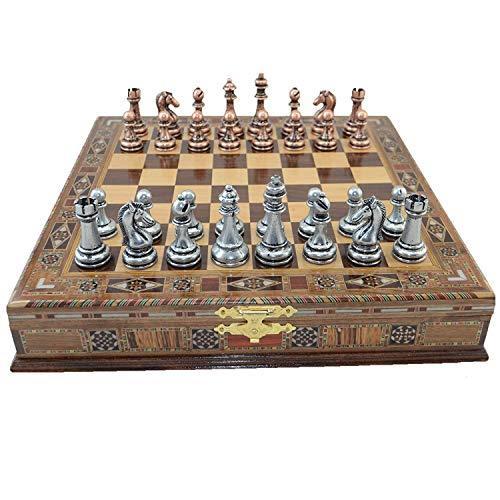 GiftHome Classic Antique Copper Chess Set Handmade Pieces and Natural Solid Wooden Chess Board with Pearl Design Around Board and Storage In チェス
