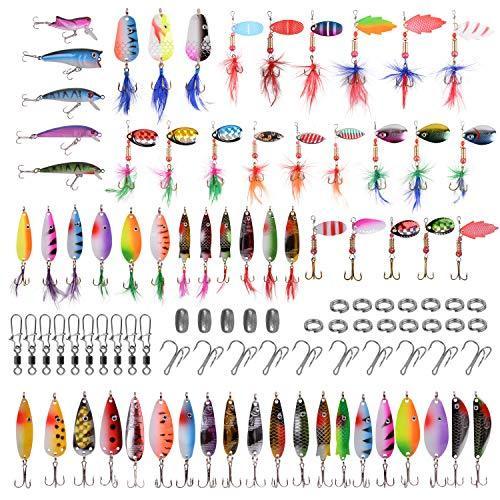 Fishing Lures Kit with 2 Tackle Boxes, 100pcs Spinner Baits Swimbait Crankbait Minnow Rooster Tail Spoons Lures with Treble Hooks Swivels Fi ソフトルアーアクセサリー