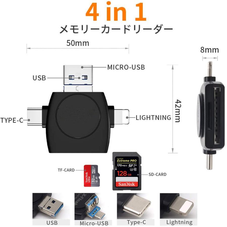 SDカードリーダー 4in1 Lightning TYPE-C USB-A Micro-USB TFカード兼用 OTG機能 メモリーカードリーダー 高速データ転送 iPhone Android PC対応｜lakko｜05