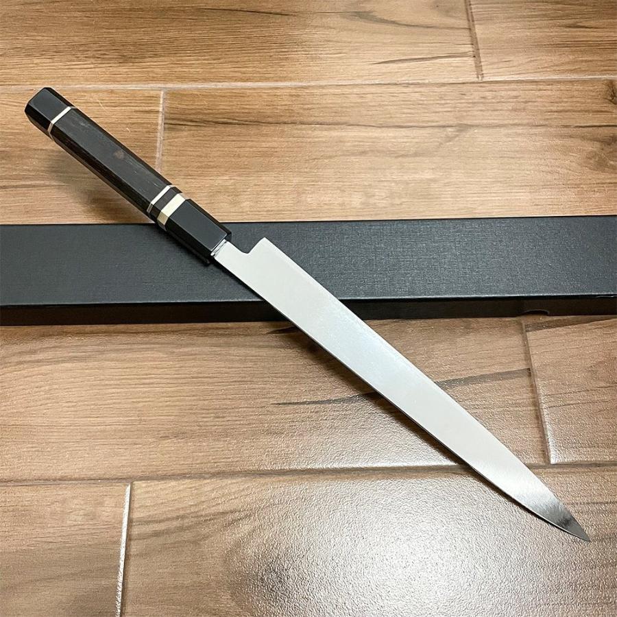 送料無料 即納 風刃 柳刃包丁 9寸 V金10号 刺身包丁 和包丁牛刀 黒檀黒水牛角八角柄 全長425mm 刃渡り270mm 硬度約HRC61 NK25A02の画像