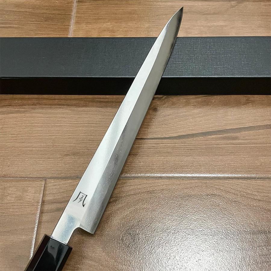 送料無料 即納 風刃 柳刃包丁 9寸 V金10号 刺身包丁 和包丁牛刀 黒檀黒水牛角八角柄 全長425mm 刃渡り270mm 硬度約HRC61 NK25A02の画像