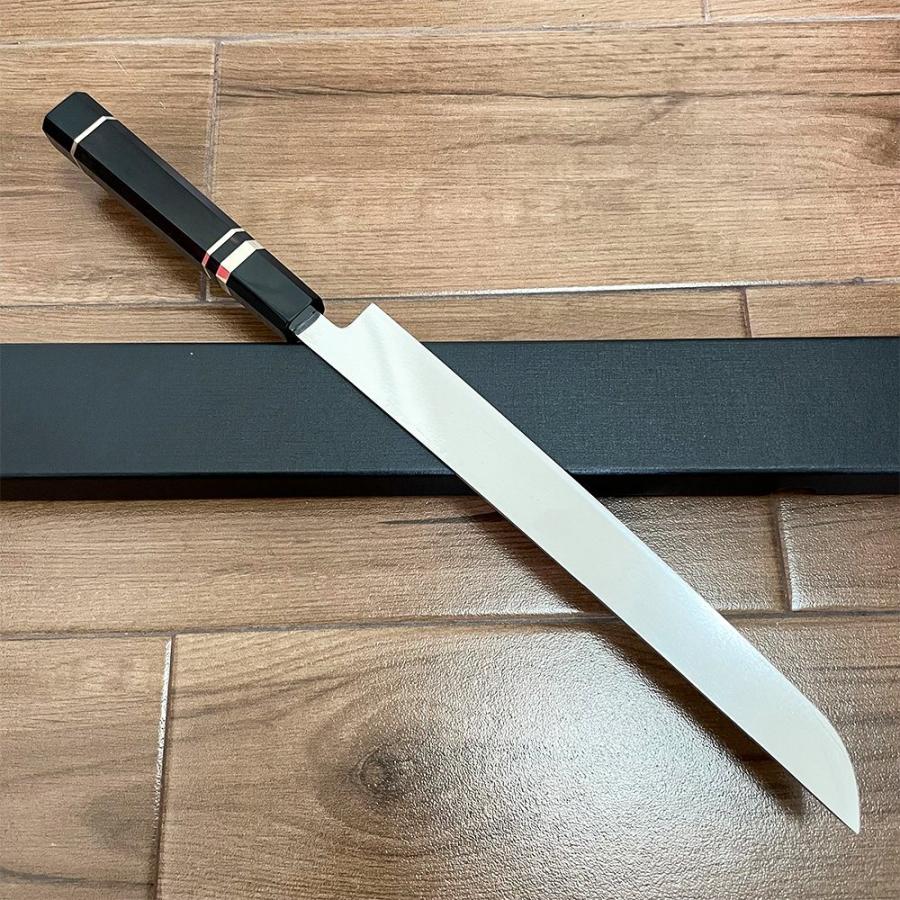 送料無料 即納 風刃 先丸包丁 9寸 V金10号 刺身包丁 和包丁牛刀 黒檀黒水牛角八角柄 全長425mm 刃渡り270mm 硬度約HRC61 NK25A04の画像