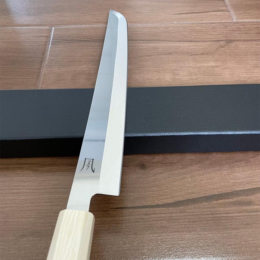 送料無料 即納 風刃 柳刃包丁 刺身包丁 先丸包丁 V金10号 刺身包丁 真空焼き入れサブゼロ処理 人工象牙八角柄 刃渡り270mm 硬度約HRC61 NK25A06の画像